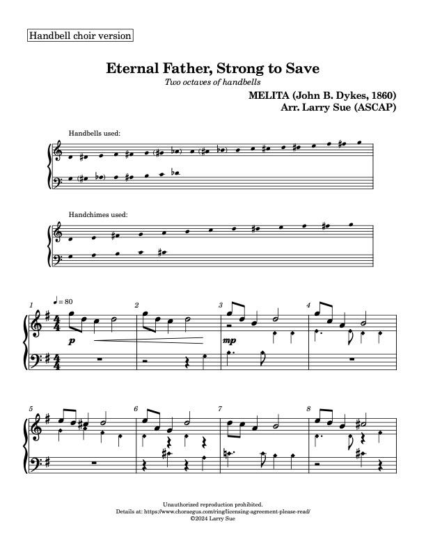 Eternal Father, Strong to Save (MELITA) (Handbells, 2 octaves, plus handchimes, 2 octaves, Level 3), page 1