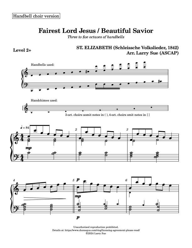 Fairest Lord Jesus / Beautiful Savior (ST ELIZABETH) (Handbells, 3-5 octaves, Level 2+), page 1