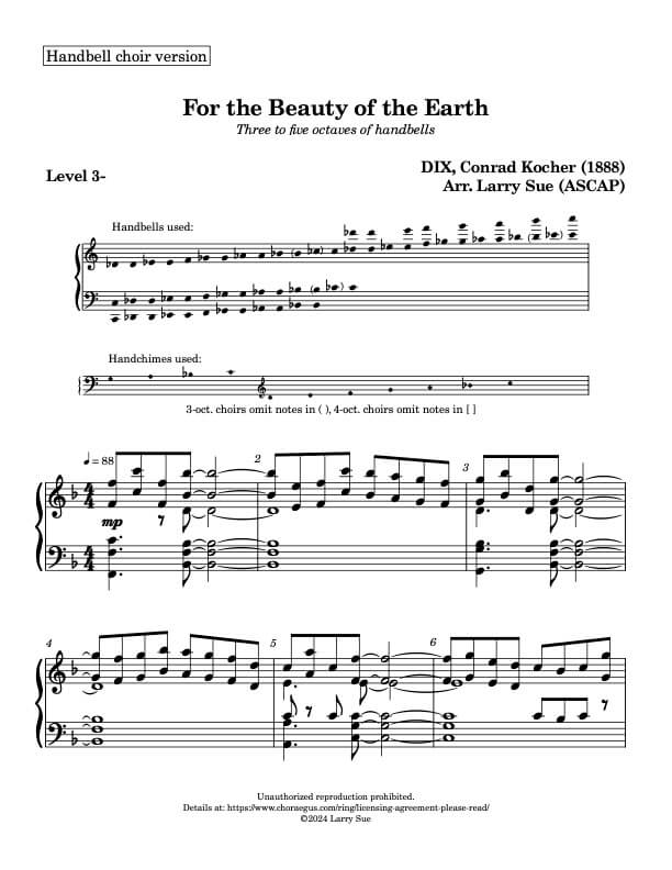 For the Beauty of the Earth (DIX) (Handbells, 3-5 octaves, Level 3-), page 1