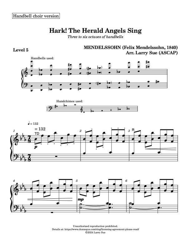 Hark! The Herald Angels Sing (MENDELSSOHN)(Handbells, 3 or 5 octaves, plus handchimes, 2 octaves, Level 5) – page 1