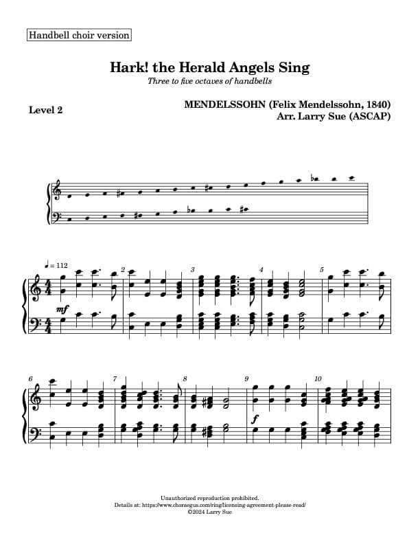 Hark, the Herald Angels Sing (Handbells, 3 octaves, Level 2), page 1