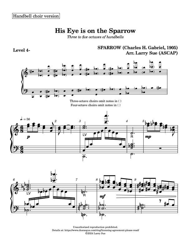 His Eye is on the Sparrow (SPARROW, handbells, 3 or 5 octaves, plus handchimes, 3-5 octaves, Level 3), page 1