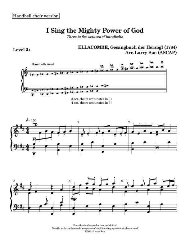 I Sing the Mighty Power of God (ELLACOMBE) (Handbells, 3-5 octaves, Level 3+), page 1