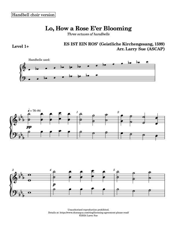 Lo, How a Rose E'er Blooming (Handbells, 3 octaves, Level 1), page 1