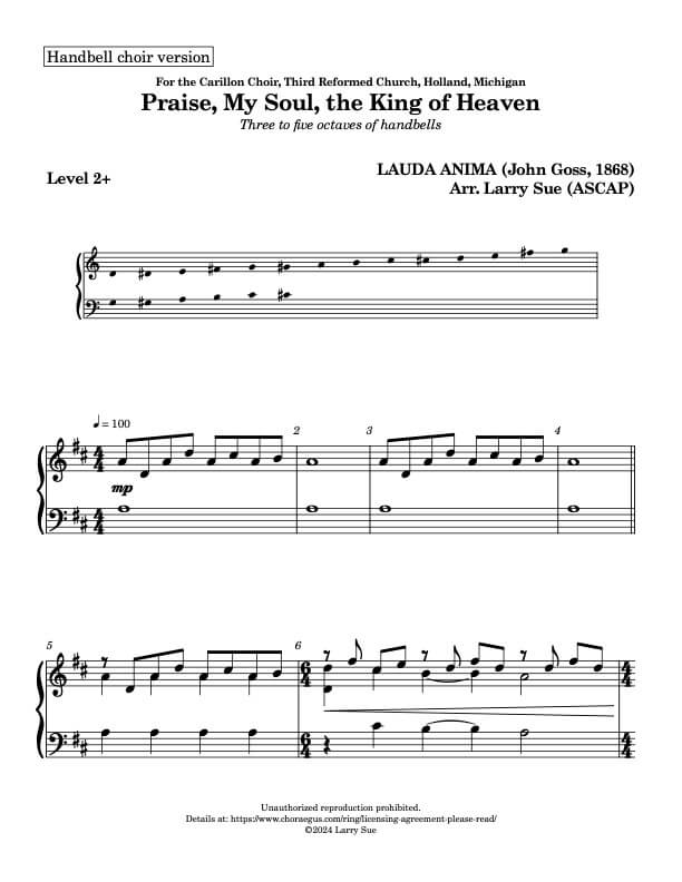 Praise, My Soul, the King of Heaven (Handbells, 2 octaves, Level 2+), page 1