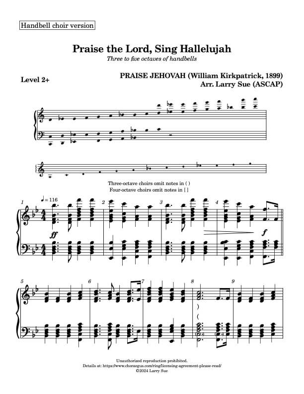 Praise the Lord, Sing Hallelujah (PRAISE JEHOVAH) (Handbells, 3-5 octaves, Level 2+), page 1