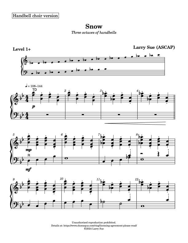 Snow (Handbells, 3 to 5 octaves, Level 1+)