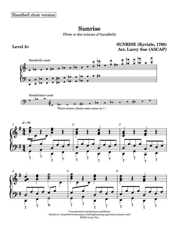 Sunrise (SUNRISE)(Handbells, 3 or 5 octaves, plus handchimes, 2 octaves, Level 2+) – page 1