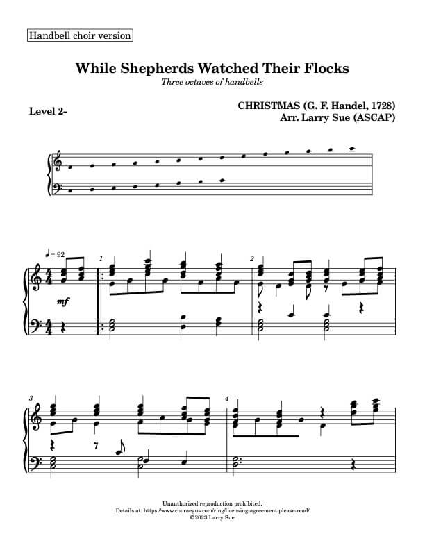 While Shepherds Watched Their Flocks (Handbells, 3 octaves, Level 2-)