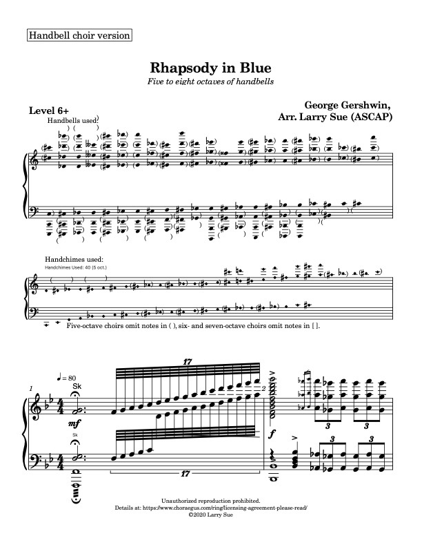 Rhapsody in Blue (Handbells, 5-8 octaves, plus handchimes, 5 octaves, Level 6+) - page 1