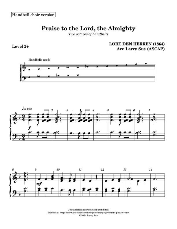 Praise to the Lord, the Almighty (LOBE DEN HERREN) (Handbells, 2 octaves, Level 2+), page 1